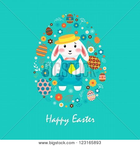 Stock vector illustration Happy Easter bunny in overalls, hat, pear, colored eggs, spring decoration, leaves, flowers in flat style on blue background to printed materials, website, postcard, greeting