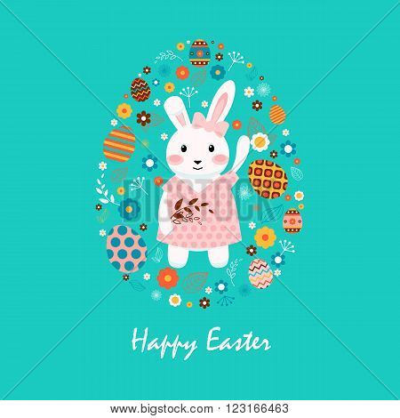 Stock vector illustration Happy Easter with bunny in polka-dot dress, colored eggs, spring decoration, leaves, flower in flat style on blue background to printed materials, website, postcard, greeting