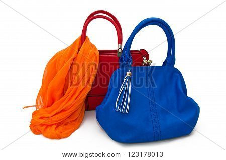 Fashionable women's leather and bright silk scarves for women bags on white background
