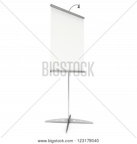 Blank Roll Up Expo Banner Stand. Trade show booth white and blank roll-up. 3d render illustration isolated on white background. Template mockup roll up banner for your expo design.