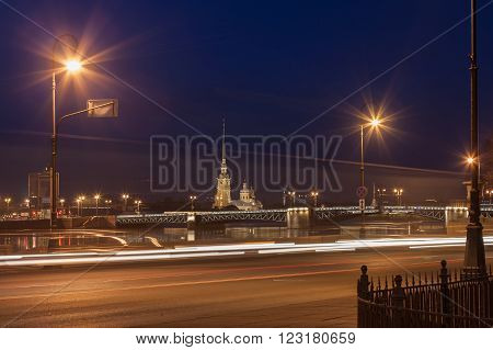 Peter and Paul Cathedral and the Palace bridge at night