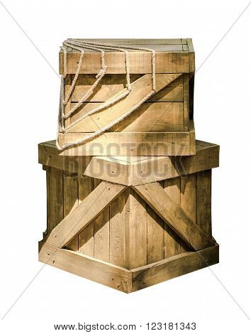 Two wooden boxes with rope with sunlight
