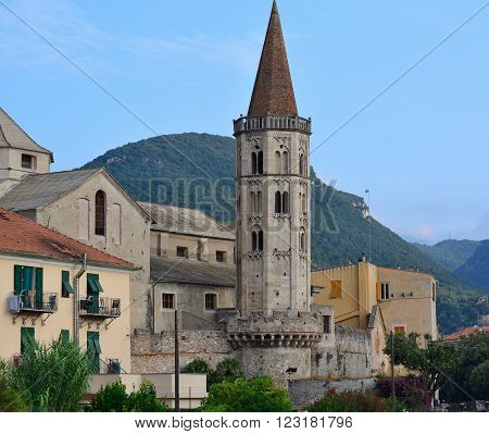 the bell tower of San Biagio Basilica Finalborgo Italy