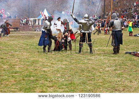 CROATIA SAMOBOR 7 MARCH 2010: Staging of a medieval battle at Samobor on March 1 1441 Croatia