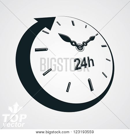 3D Vector 24 Hours Clock Black And White Illustration. Day-and-night Dimensional Stylized Symbol. Tw