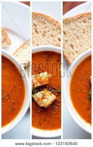 A bowl of fresh tomato soup in white ceramic bowl, garnished with herbs, croutons, seasoning and a drizzle of olive oil, and served with crusty wholemeal bread. Triptych collage.