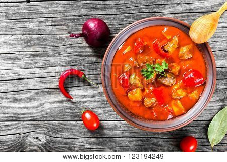 Beef stew with vegetables or goulash traditional hungarian meal