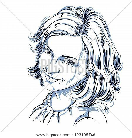 Hand-drawn vector illustration of beautiful happy and pleased woman. Monochrome image positive expressions on face of young lady.
