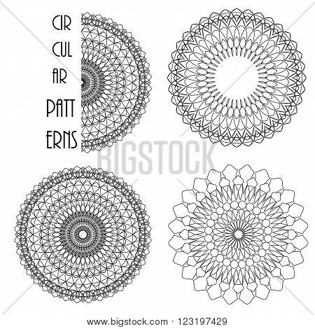 Circular monochrome patterns like flowers with many lines