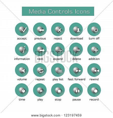 Media controls icons set with black shadows