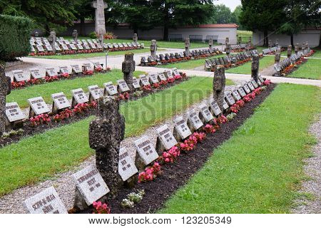 URSBERG, GERMANY - JUNE 09: The graves of members of St. Joseph Congregation on the cemetery in Ursberg, Germany on June 09, 2016.