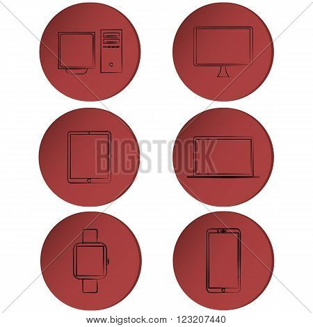 Set of modern technology outline icons on red buttons, ribbons, or circles isolated on white background