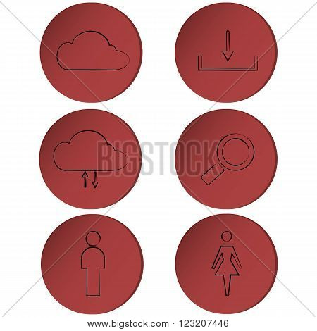 Set of outline icons on red circle, buttons, ribbons isolated on white background