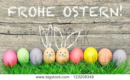 Easter eggs cute bunny. Funny decoration. Frohe Ostern - Happy Easter in german