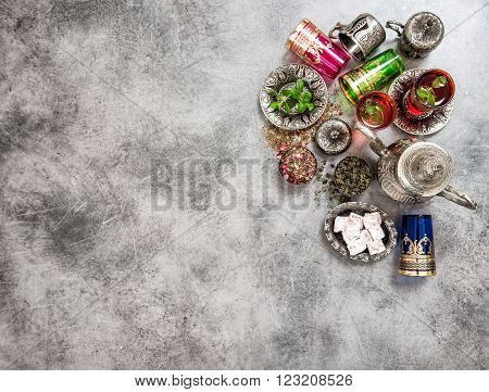 Festive tea table setting. Oriental hospitality. Eid Mubarak