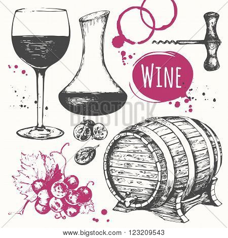 Vector illustration with wine barrel, wine glass, grapes, grape twig, carafe wine.  Classical alcoholic drink.