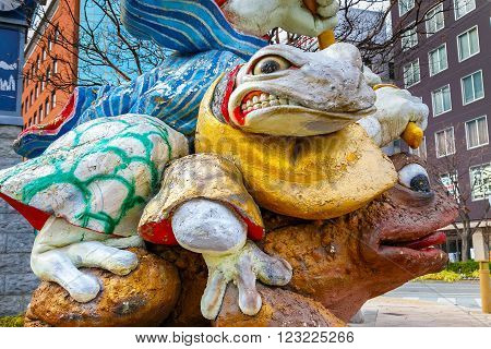 Matsumoto Japan - November 21 2015: Samurai Frogs statue at Nawate Dori Street in Matsumoto City located near Matsumoto castle it's one of Matsumoto tourist attractions