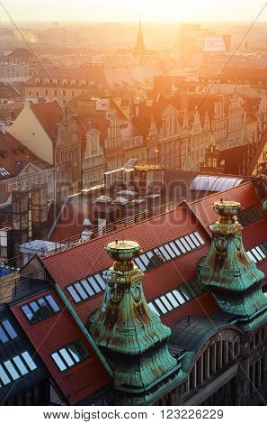 Urban development of the Wroclaw city at sunset Poland Europe.