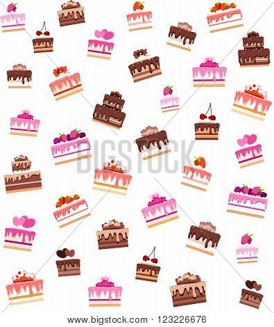 Vector seamless pattern of colored cakes and pastries on a white background. Color, flat.