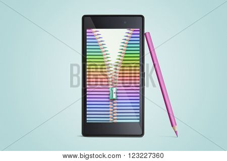 composition of color pencils on modern mobile smartphone.