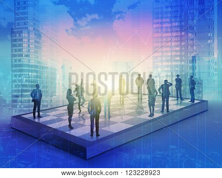 Silhouettes of businesspeole on chess boad through blue hologram. Concept of business development.