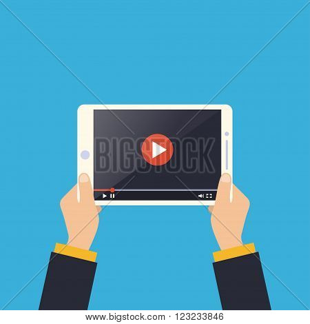 Man holding a tablet computer with a video player on blue background. Marketing concept in flat style. Vector illustration