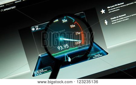 MONTREAL CANADA - MARCH 25 2016 - Speedtest internet service under magnifying glass.