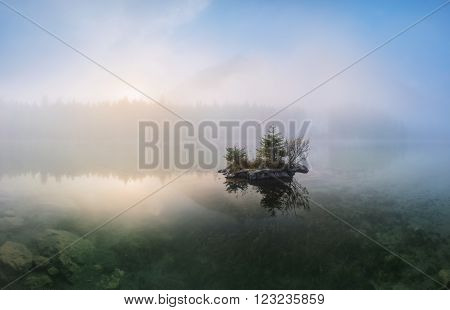 Lake with trees with sun between the mountains. Cristal clear water. Hintersee in the Bavarian Alps