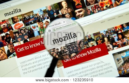 MONTREAL CANADA - MARCH 25 2016 - Mozilla internet page under magnifying glass. Mozilla is a free-software community created in 1998 by members of Netscape