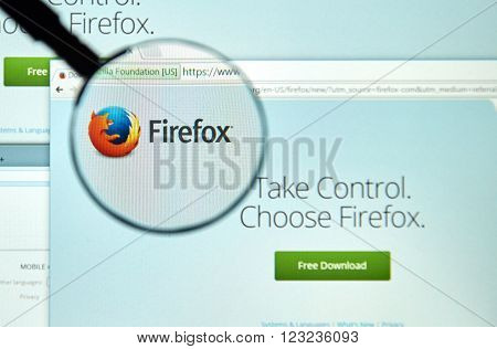 MONTREAL CANADA - MARCH 25 2016 - Firefox web browser under magnifying glass. Firefox is a free and open-source web browser developed by the Mozilla Foundation.
