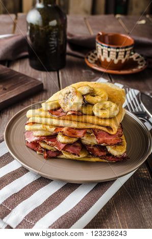 Pancakes With Bacon, Banana And Maple Sirup