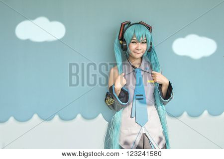 Japan anime cosplay with green abstract background