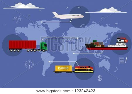 Logistic concept flat illustration set of maritime rail and air transport delivery services abstract . Vector illustration