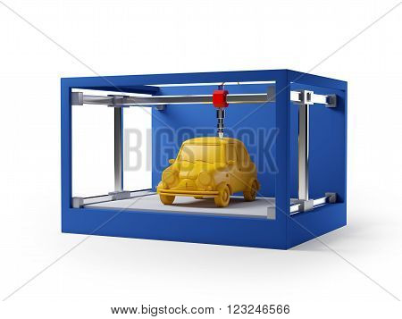 3d printer printing a car isolated on white