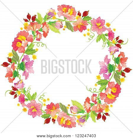 Vector illustration. Elegant spring wreath with pink flowers