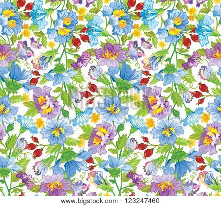 Vector illustration. Seamless flower patern in blue and perple shades