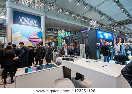 HANNOVER GERMANY - MARCH 15 2016: Booth of IBM company at CeBIT information technology trade show in Hannover Germany on March 15 2016.