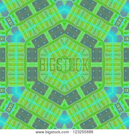 Abstract geometric seamless background. Delicate drawing in green, turquoise blue and dark brown shades. Hexagon pattern with light wavy lines and blue dots, conspicuous and dreamy.