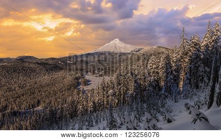 Majestic View of Mt. Hood on a stormy evening during the Winter months.