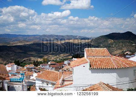 View over the village rooftops towards the mountains Periana Costa del Sol Malaga Province Andalusia Spain Western Europe.
** Note: Visible grain at 100%, best at smaller sizes