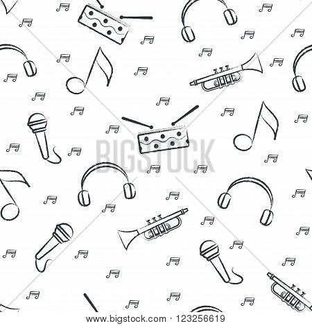 Seamless pattern children's black felt-tip pen drawings on white background. Hand-drawn style. Seamless vector wallpaper with the image of music instrument drum, microphone, pipe, headphones and note