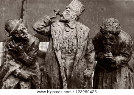BAKU, AZERBAIJAN - MARCH 04 2014 
Characters by Omar Eldarov. Detail from a sculpture by Azerbaijani artist Omar Eldarov, in the Inner City of Baku.