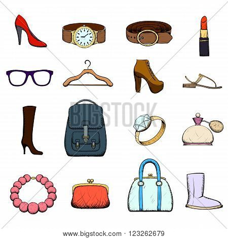 Set of clothing and accessories. Doodle image. Stock vector illustration.
