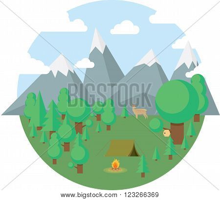 Hiking and outdoor recreation concept with flat camping travel icons vector illustration.