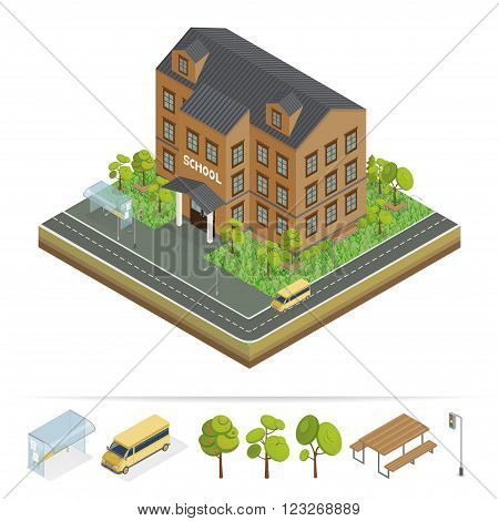 School Building. Modern School. Urban Scene. School Bus. School Facade. Isometric Building. Back to School. Vector illustration