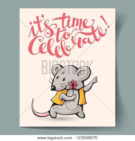 Postcard with a gray mouse and hand lettering 