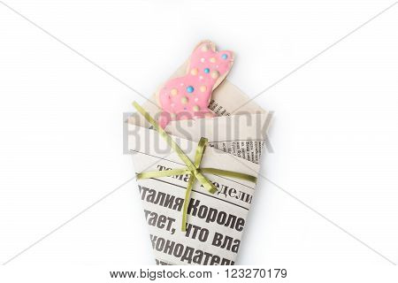 Easter bunny shaped gingerbread cookies on white