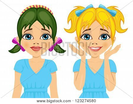 cule little girl with different hairstyles and hair color isolated on white background