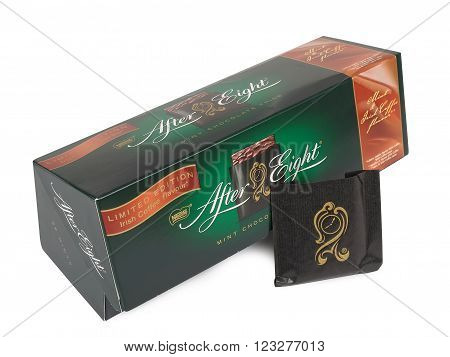 PULA, CROATIA - MARCH, 15 2016: Box of Nestle's After Eight mint chocolate thins on white background. Established in 1962 After Eight is recognized as the leading mint chocolate brand.