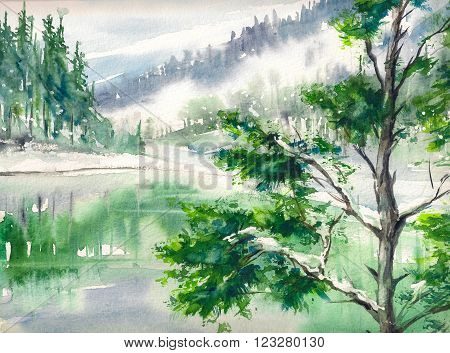 Winter landscape with lake and mountains reflecting in water. Picture created with watercolors on paper.